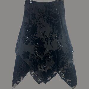 Black Velvet Floral Sheer Skirt w/ Rhinestones Robbie Bee Sz 12 Whimseygoth Y2K